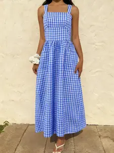 Spring Summer New Elegant Cute Vacation Style Bohemian Long Dress, Fashion Women's Plaid Gingham Sleeveless Dress, Casual Commuter Wear Womenswear