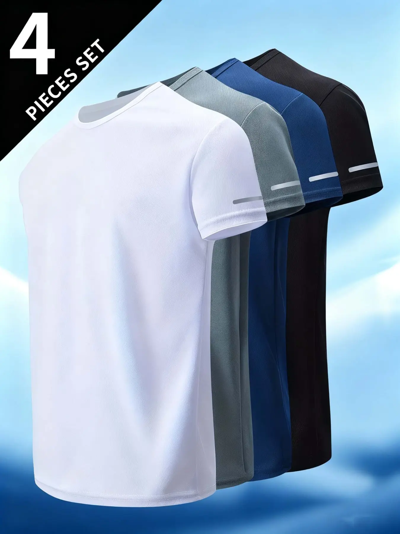 4-Pack Summer Breathable Quick-Dry T-Shirts, Reflective Stripes Running Fitness Training Tops, Men's Short-Sleeve Round-Neck Clothing, High-Performance Activewear, Gym Workout Shirts, Athletic Training Tops, Athletic Training Apparel