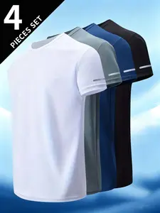 4-Pack Summer Breathable Quick-Dry T-Shirts, Reflective Stripes Running Fitness Training Tops, Men's Short Sleeve Round Neck Clothing, High Performance Activewear, Gym Workout Shirts, Athletic Apparel