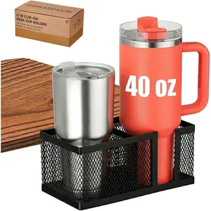 Dual Slots Clip On Metal Desk Cup Holder, Fits up to 40oz cups – No Spill Clamp for Table, Bed, Chair – Large Adjustable Drink Holder for Yeti, Hydro Flask, Starbuck – Mountable Cup Attachment - Black