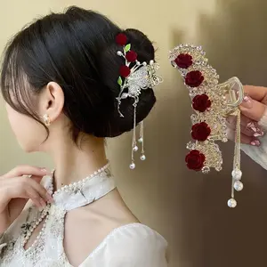 1pc French Tassel Rose Hair Clip with Ponytail Frame, Bride Headwear Vintage Rose Decoration Cute Hairstyle Hair Accessories