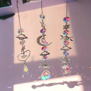 Crystal Sun Catcher with Moon and Sun Charms Rainbow Maker Hanging Prism Pendant for Window Decoration Boho Aesthetic Home Garden Decor Spiritual Gift for Women Crystal Wind Chime Ornament Sparkling Room Accessory Bohemian Wind Chime