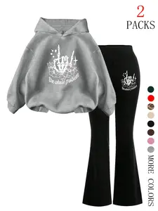 Women's Fall Winter New 2-Piece Set Hooded Sweatshirt + Slim Fit Bell Bottom Pants, Casual Skull Hand Print, Kangaroo Pocket