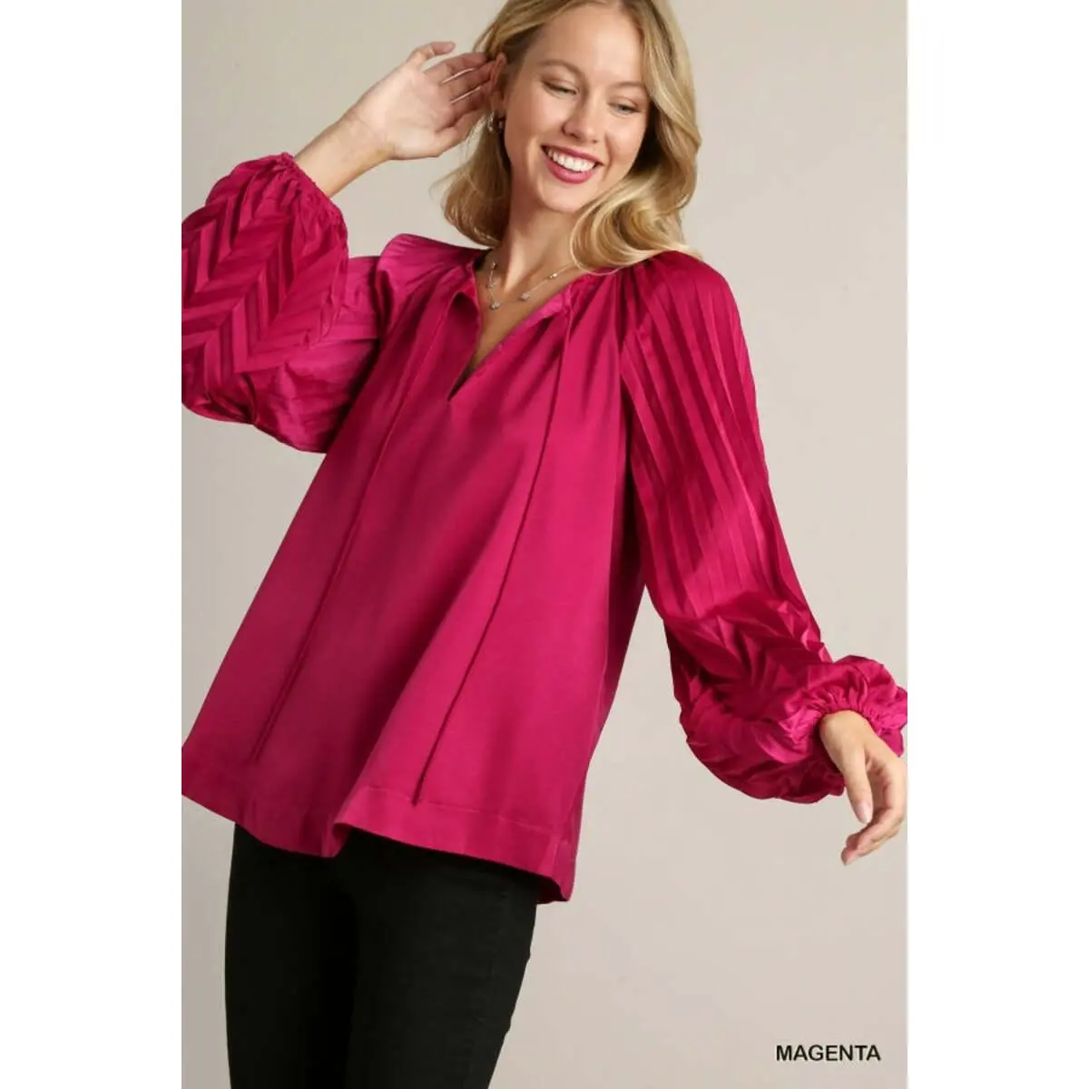 Umgee Perfectly Pleated Satin Blouse-magenta