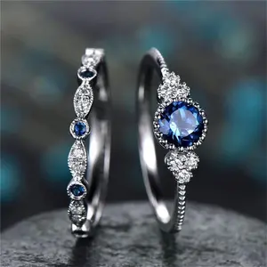 Fashion 2PCS Silver Natural Sapphire Ring Round Cut Cubic Zirconia Promise Rings CZ Classical Eternity Engagement Wedding Band Ring Set for Women (US Code 8)