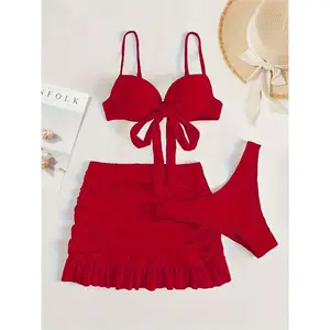 "Plain Pinkish Bikini Set with Bow Tie Top & & Panty Ruffled Skirt, Beachwear Swimsuit, Vacation Style Swimwear, Spaghetti Strap, Three-Piece Set"