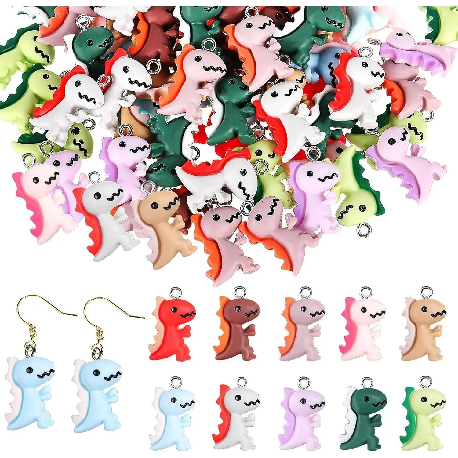 X-HDJ19   100 Pcs Dinosaur Charms for Jewelry Making, Cute Resin Dinosaur Pendants Charms for Earring Bracelet Necklace DIY Crafting, 10 Colors