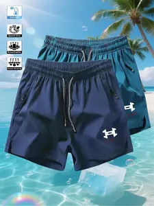 2-Pack Quick-Dry Beach Gym Shorts, Summer Vacation Swimming Running Fitness, Fashion Men's Minimalist Letter Print, Unisex Sportswear