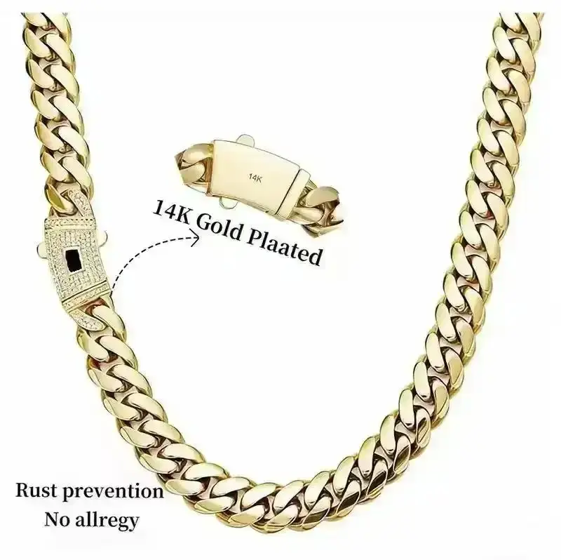 14K Gold-Plated Cuban Gold Jewelry Necklace with Classic White Stone Inlay - 8mm,10mm,12mm,14mm Sizes - Elegant Miami Style for Couples - Perfect Valentine's Day Gift,summervibes