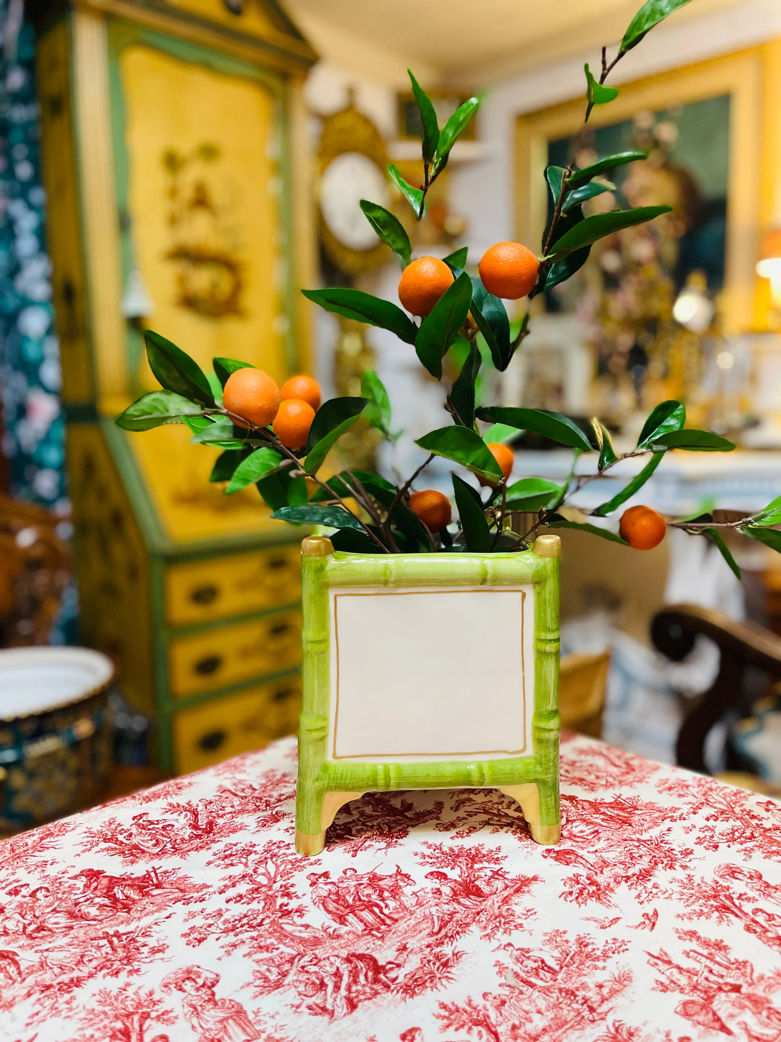 Vintage Portuguese Faux Bamboo Cachepot Planter | Green & Gold Chinoiserie Jardinière