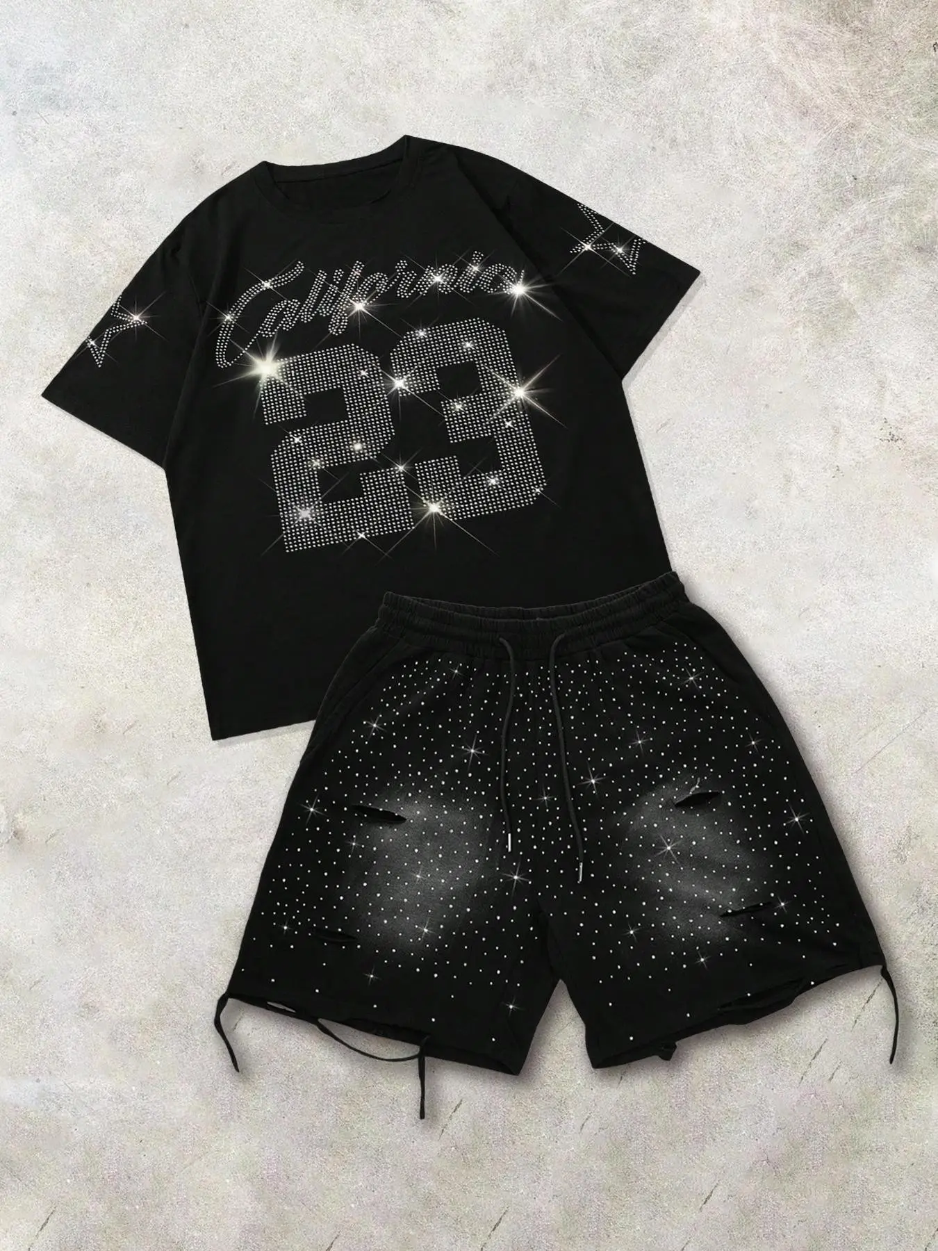 High-Quality Men's Casual Fitted Summer Outfit Set, Rhinestone Letter Print Tee & Drawstring Waist Shorts, Perfect for Travel & Daily Wear