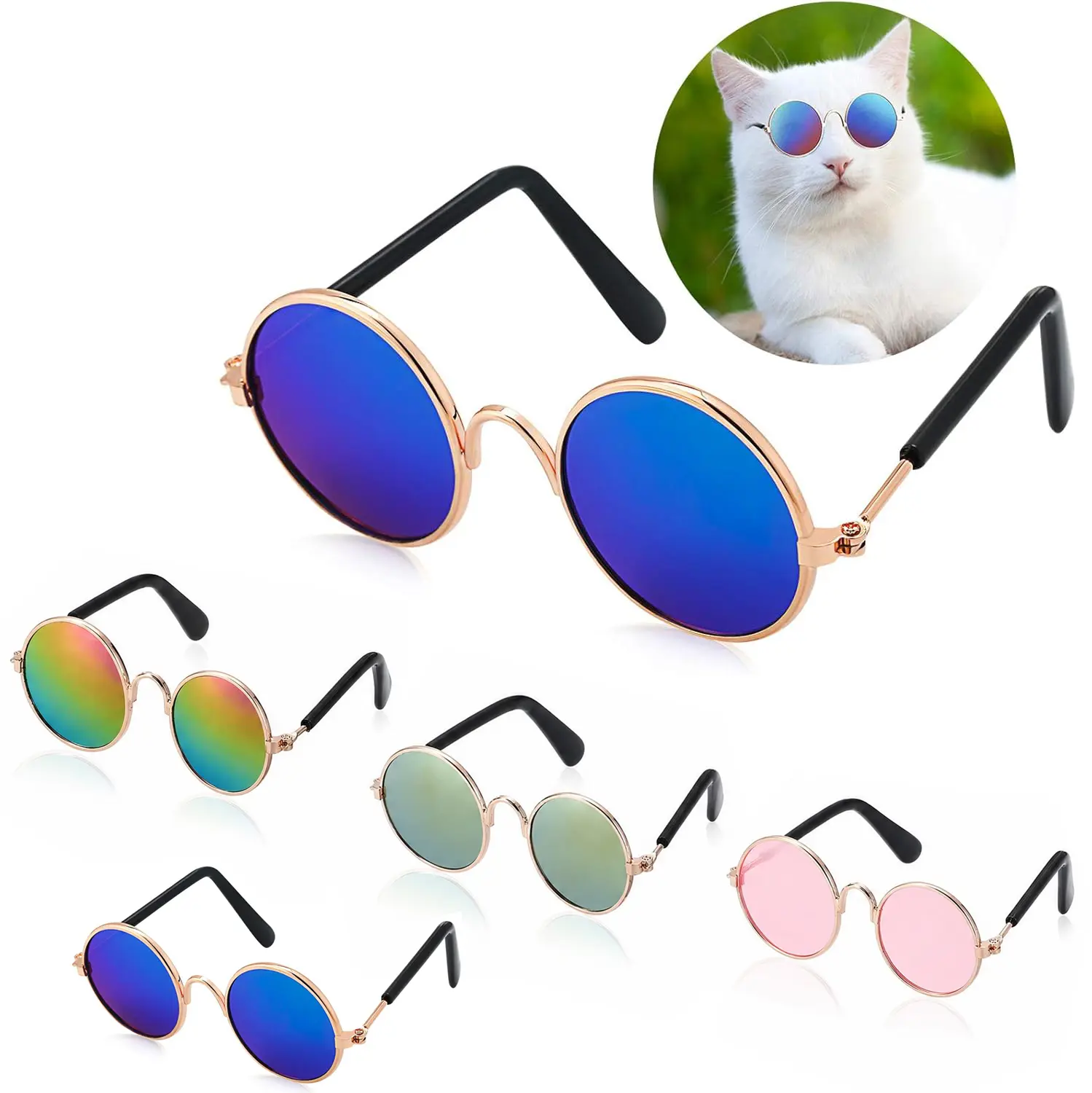 10-Pair Pet Metal Frame Glasses Set Pack for Small Dogs, Classic Retro Round Lenses Sunglasses with Acrylic Resin Lenses, Comfortable Fit (1.18in Diameter, 2.95in Temples, 3.15in Width), Mixed Reflective-Black Colors, Cosplay Photo Props, Eyewear