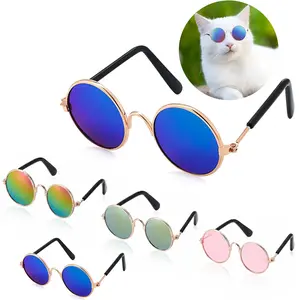 4Pcs Cat and Dog Sunglasses, Funny Pet Eyewear, Classic Retro Round Metal Glasses for Small Dogs and Cats, Pomeranian Sunglasses, Cosplay Party Costume Photo Props, Mixed Reflective and Black Colors