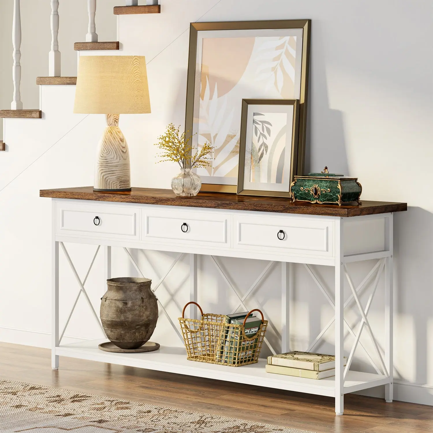 Spaco Farmhouse Console Table - 70.8" Decorative Functional Side Table with 3 Drawers, Storage Shelf, X-Shaped Stability Design for Entryway, Hallway
