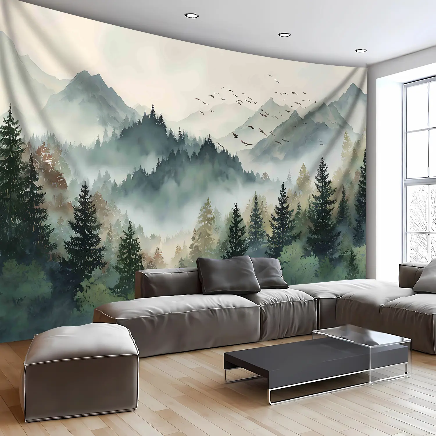 1pc Extra Large Tapestry - Extra Wide Floor-to-Ceiling Wallpaper-like Coverage - Thick Forest Mountain Landscape with Pine Trees & Birds - Heavy-Duty Hanging Fabric - Wrinkle-Resistant & Easy Hang with Clips - Modern Minimalist Nature-Themed Wall Decor fo