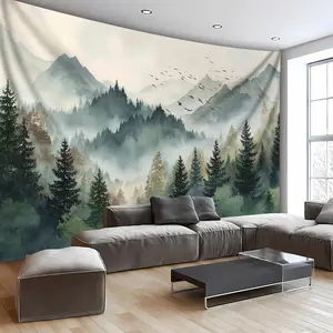 1pc Extra Large Tapestry - Extra Wide Floor-to-Ceiling Wallpaper-like Coverage - Thick Forest Mountain Landscape with Pine Trees & Birds - Heavy-Duty Hanging Fabric - Wrinkle-Resistant & Easy Hang with Clips - Modern Minimalist Nature-Themed Wall Decor fo