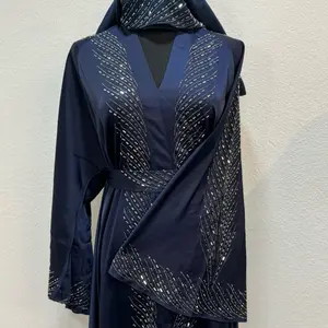 Dubai Abaya, Navy Blue, Long Sleeves, Waist Tie, Long Skirt, Suitable for All Occasions