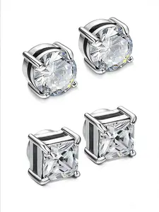 4pcs Simple Stainless Steel Cubic Zirconia Ear Clips, Sparkling Zirconia Magnetic Design Unisex Jewelry Set, Perfect Gift for All Seasons