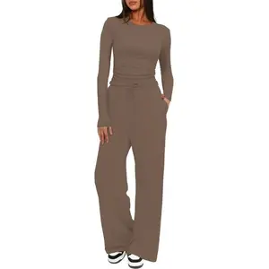 Women's Solid Color Two-Piece Casual Set, High Waist Straight Leg Pants, Comfortable Round Neck Top, Long Sleeve Sleepwear