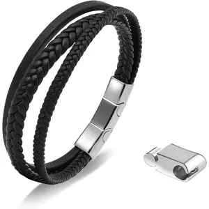 black  bracelet for men with adjustable stainless steel  clasp - multi-layer braided rope design - stylish bracelet for men Fits wrist sizes 6.1-7.5 inches.