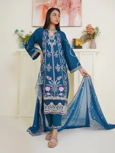 Elegant Lawn Embroidered Suit Blue 03-Piece Floral Patterns Matching Dupatta Long Sleeve Ready to Wear Traditional Design