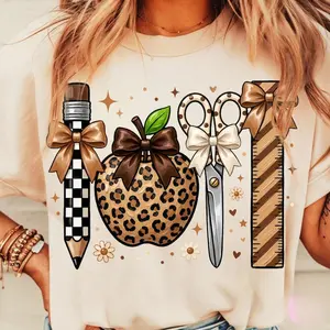 Leopard Teacher Apple School Supplies PNG, Checkered Polka Dot Pencil Scissors Ruler Bow Png