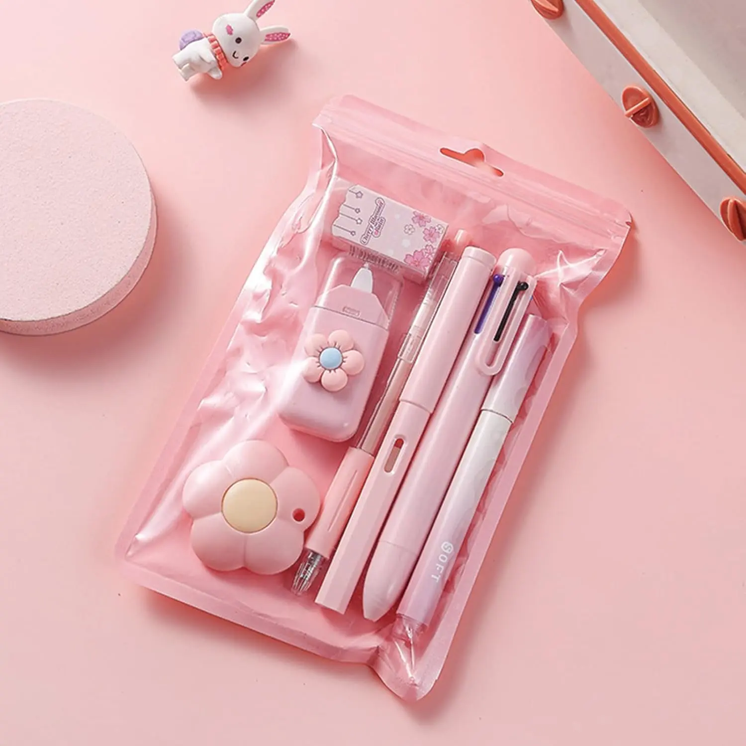 Kawaii Aesthetic 7-Pcs Back to School Shopping Office Stationery Kit - Plastic Body Writing Tools, Party Favor Practical Gifts: Ballpoint Pens, Mechanical Pencils with Refills, Sharpener, Highlighter, Correction Tape, Ruler, Utility Cutter