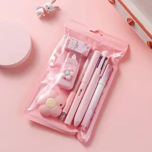 Kawaii Office & School Stationery Kit (7 Pcs Each) - Writing & Correction Tools Including Ballpoint Pens, Mechanical Pencils with Refills, Pencil Sharpener, Highlighter, Correction Tape, Ruler, Utility Cutter