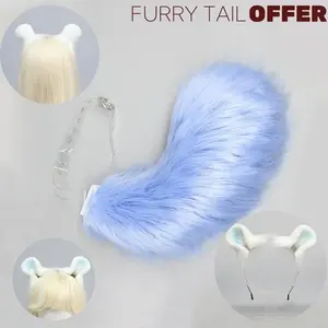 Handmade Cute Plush Animal Ear Headband Blue Dog Tail Cosplay Performance Prop Lolita KC Girl Mouse Tail Set
