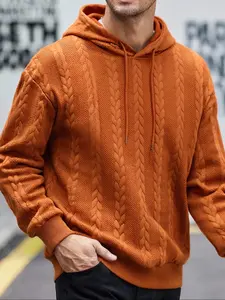 Men's Fall Winter Outfits Knitted Hoodie with Drawstring Design for Daliy Wear, Old Money Style Plain Casual Trendy Sweatshirt, Essential Wardrobe Must-Have