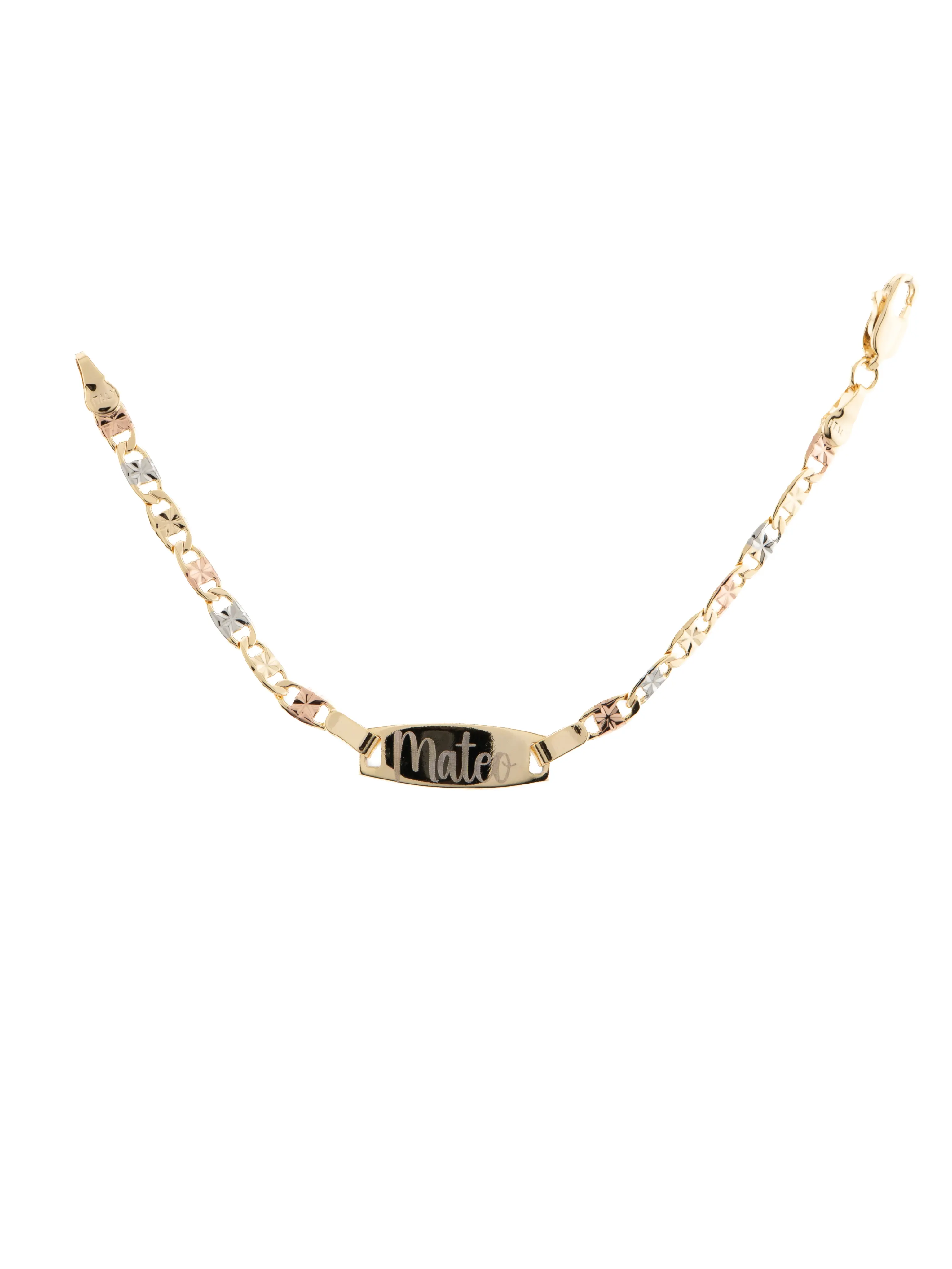 New 6-inch personalized baby bracelet in tri-color gold-filled metal. Please include the name in a note or message. Custom Engraving