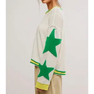Women’s casual sweatshirt with star pattern, round neck, Y2K long sleeves; vintage striped jacket; sweater, shirt, pullover — women’s fashion