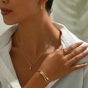 Simple & Fresh Earrings and Necklace Jewelry Set | Teardrop-Design Ring | Unique Adjustable Open Bangle