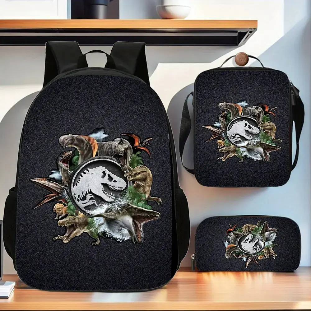 Kids' 3-Piece Jurassic Dinosaur Backpack Set - Lightweight Synthetic T-Rex Gym/Shoulder Bag with Lunch Box, Pencil Case, for Elementary & Middle School Boys, Back to School Haul Gift, Polyester, Elementary School