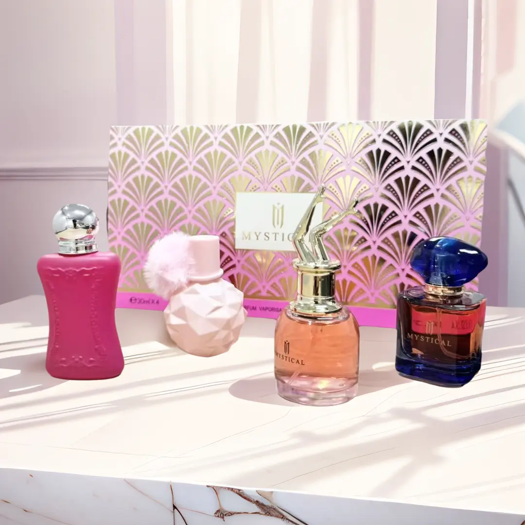 MYSTICAL 4-Piece Mini Perfume Gift Set | Aesthetic Pink & Gold Art Deco Box, Travel-Size Fragrance Collection