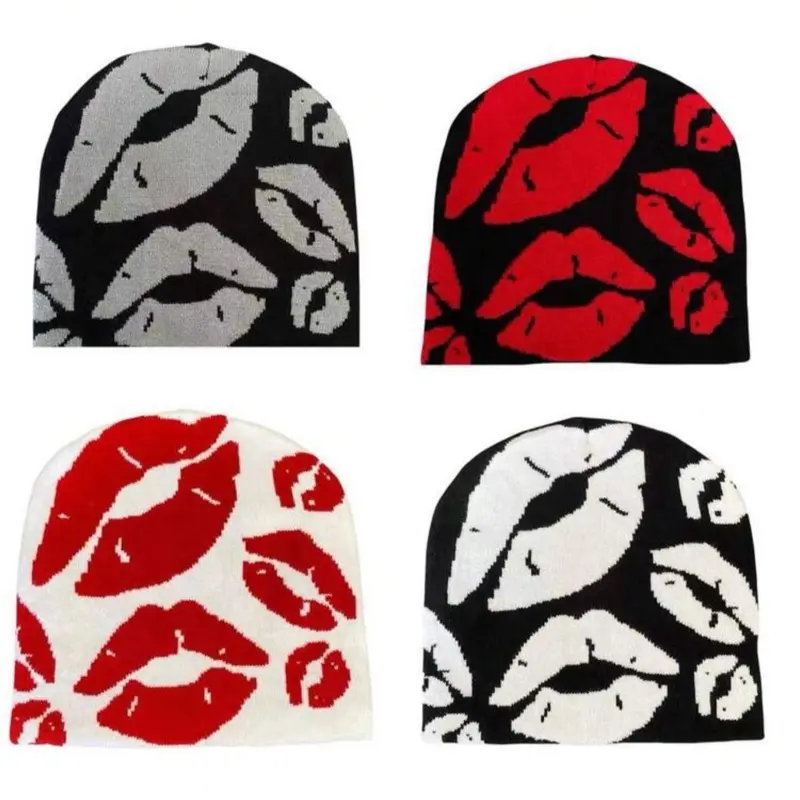1pc Fashionable Street-Style Intarsia Y2K Hat Beanie Fall Outfit with Red and White Lips Design