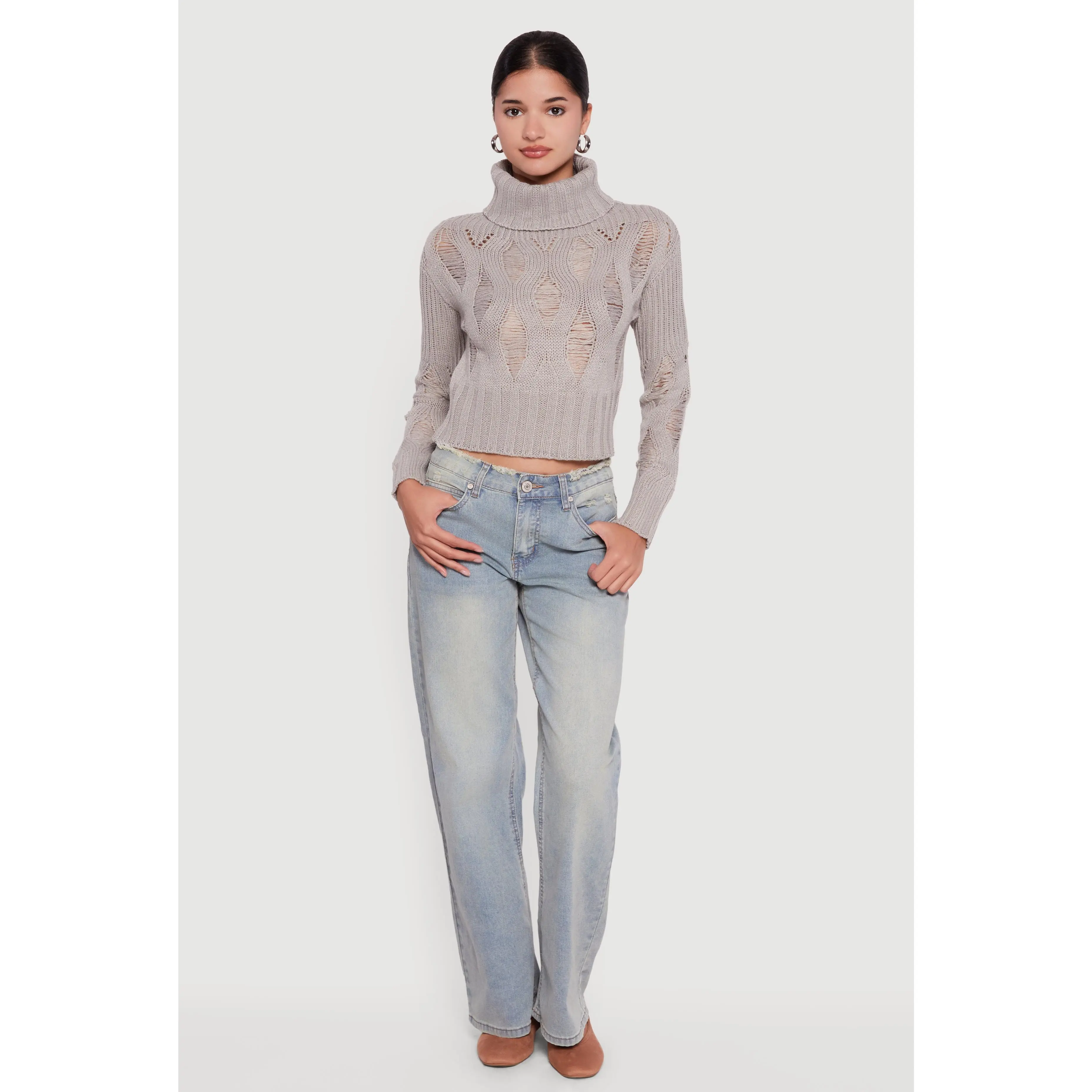 Long Sleeve Distressed Turtleneck Sweater