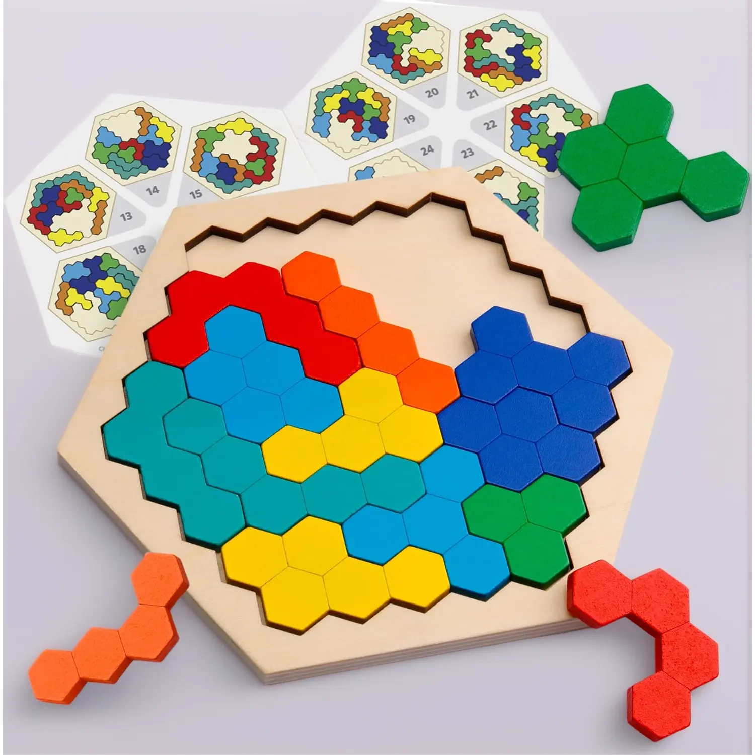 Wooden Hexagon Puzzle Kit - Geometric Logic Pattern Block Brain Teaser Puzzles, STEM Toy for Kids, Enhances Spatial Reasoning, Critical Thinking Challenges