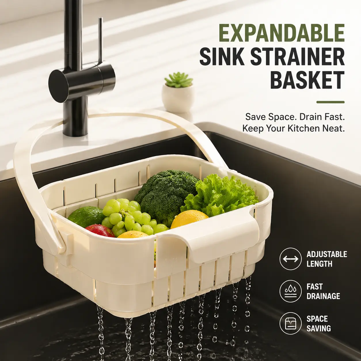Lightweight Foldable Expandable Sink Strainer Basket - Adjustable Kitchen Colander with Removable Drip Tray, Space-Saving Home Organizer for Fruit, Vegetable Washing & Dish Storage