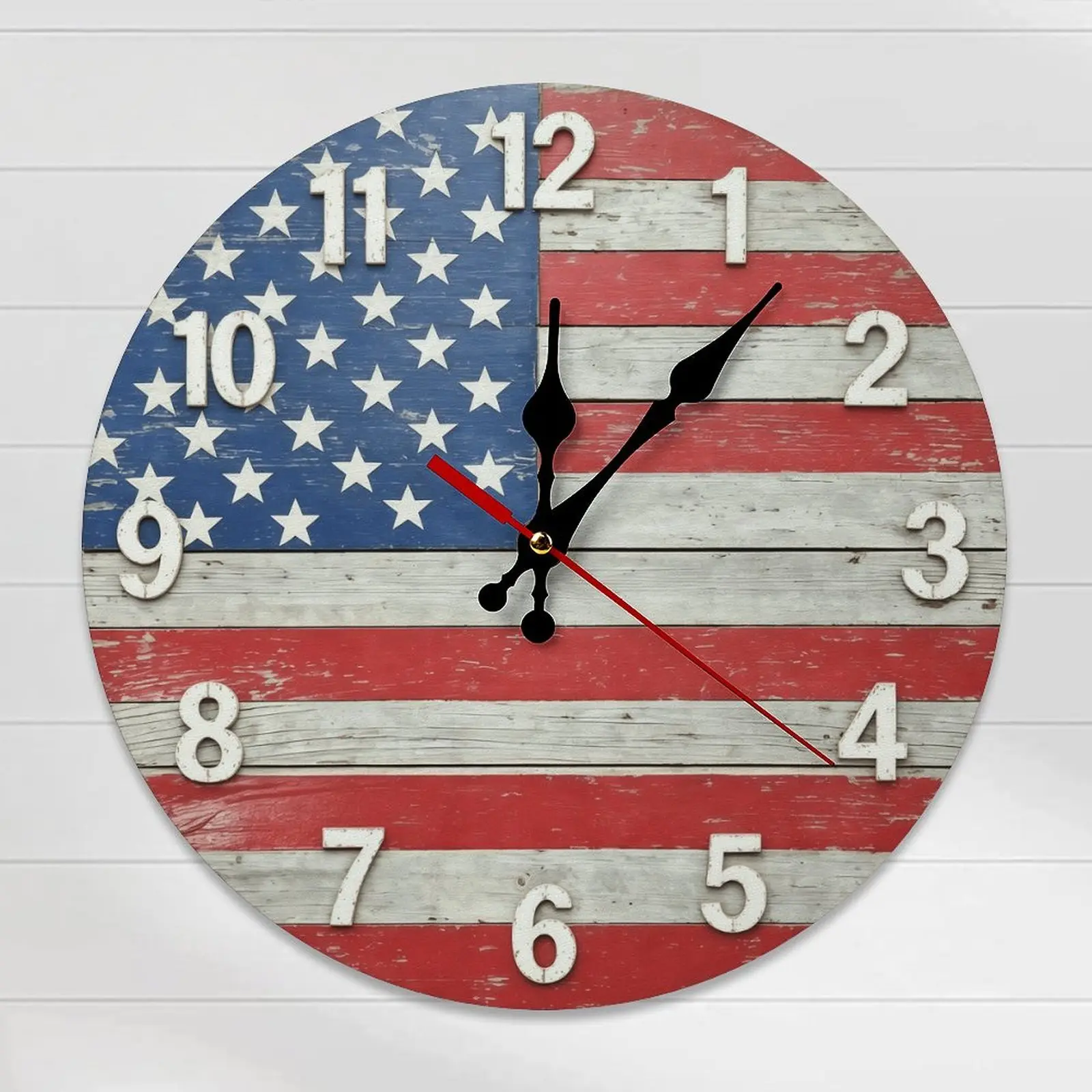 Rustic Silent Round Wooden Analog Wall Clock - 10in-12in, DIY Assembly Required, Flat Design, Vintage American Flag, Room Decor, Adult Outdoors Gift, Mounting Hardware Included, 4th of July/250th Anniversary Home Entryway Accent, Analog Clock
