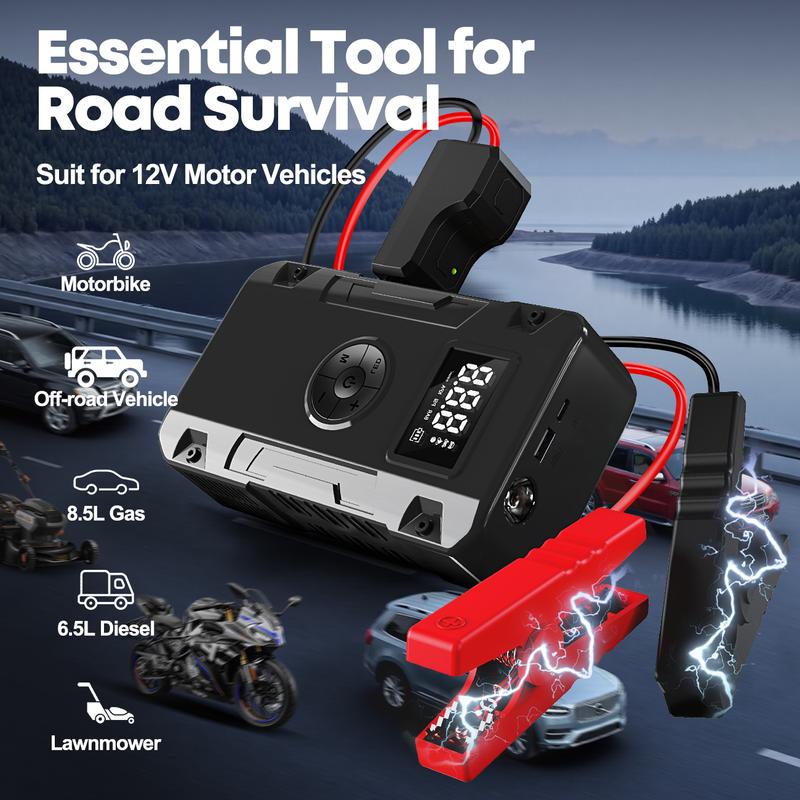 1pc 5-in-1 Jump Starter with Air Compressor-5000A Peak Power, 150PSI Digital Tire Inflator, ABS Material, USB Rechargeable, for Gas/Diesel Vehicles, Portable with LED Emergency Lighting, Auto Shut-Off, Tire Pressure Detection & Adjustment, Quick Charge