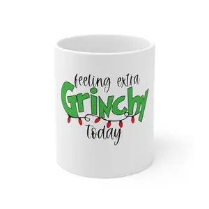 Feeling extra grinchy today Christmas Coffee Mug - Holiday Gift, 11oz Mug, Funny Christmas Gift, Cartoon Character Mug, Christmas Decor