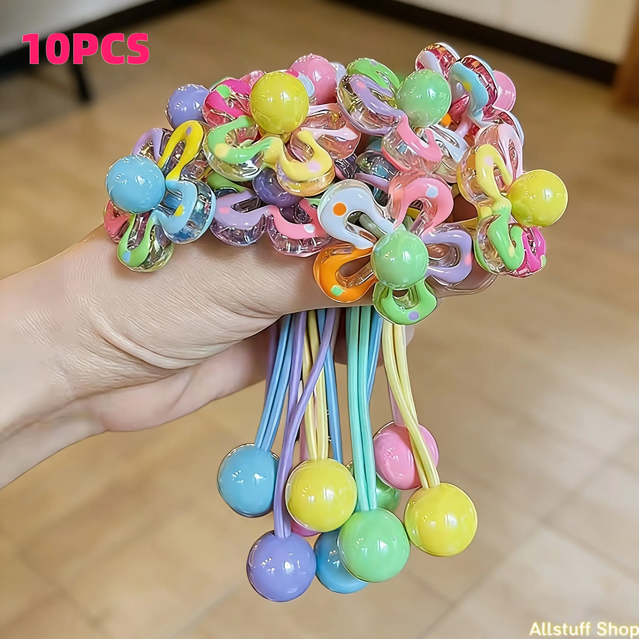 Set of 10 Vibrant Cartoon Flower Ponytail Headbands For, Featuring Adorable Beaded Designs And High-Elastic Spiral Hair Ties, Beads For Hair, Flower Hair Accessories tiktokshopbacktoschool