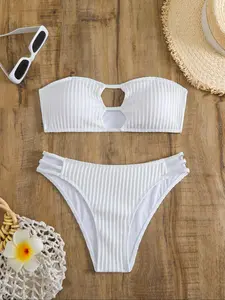 Two-Piece Set Women's Plain Cut Out Ribbed Bandeau Bikini Set, Casual Strapless Swim Bra & High Waist Swim Panty, Ladies Summer Swimsuit for Beach Holiday Vacation, High Rise Swimwear