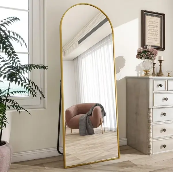 64"x 21.25" Arched Full Length Mirror Metal Frame Floor Mirror with Stand, Gold
