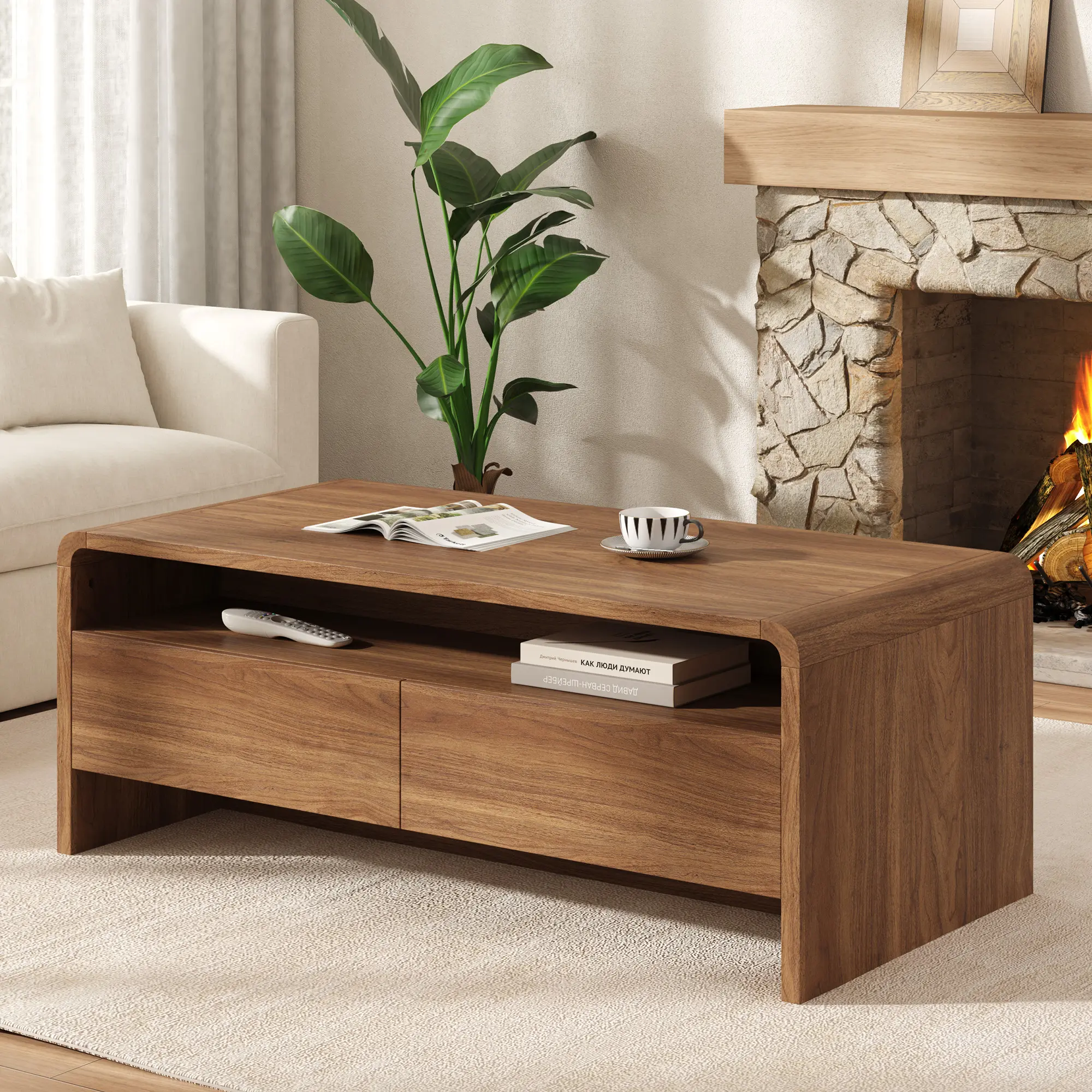 VANACC 39.4" Wood Coffee Table with Storage & Rounded Edges | Wood-grain Finish, 2 Drawers and Open Shelf, Modern Living Room Table, Sofa Center Table