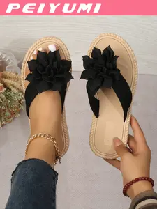 Women's Fashion Lightweight Bubble Sole Sandals, Casual Flat Sandals, Elegant Lotus Decoration, Comfortable All Season, Thick Midsole, Casual Canvas Shoes