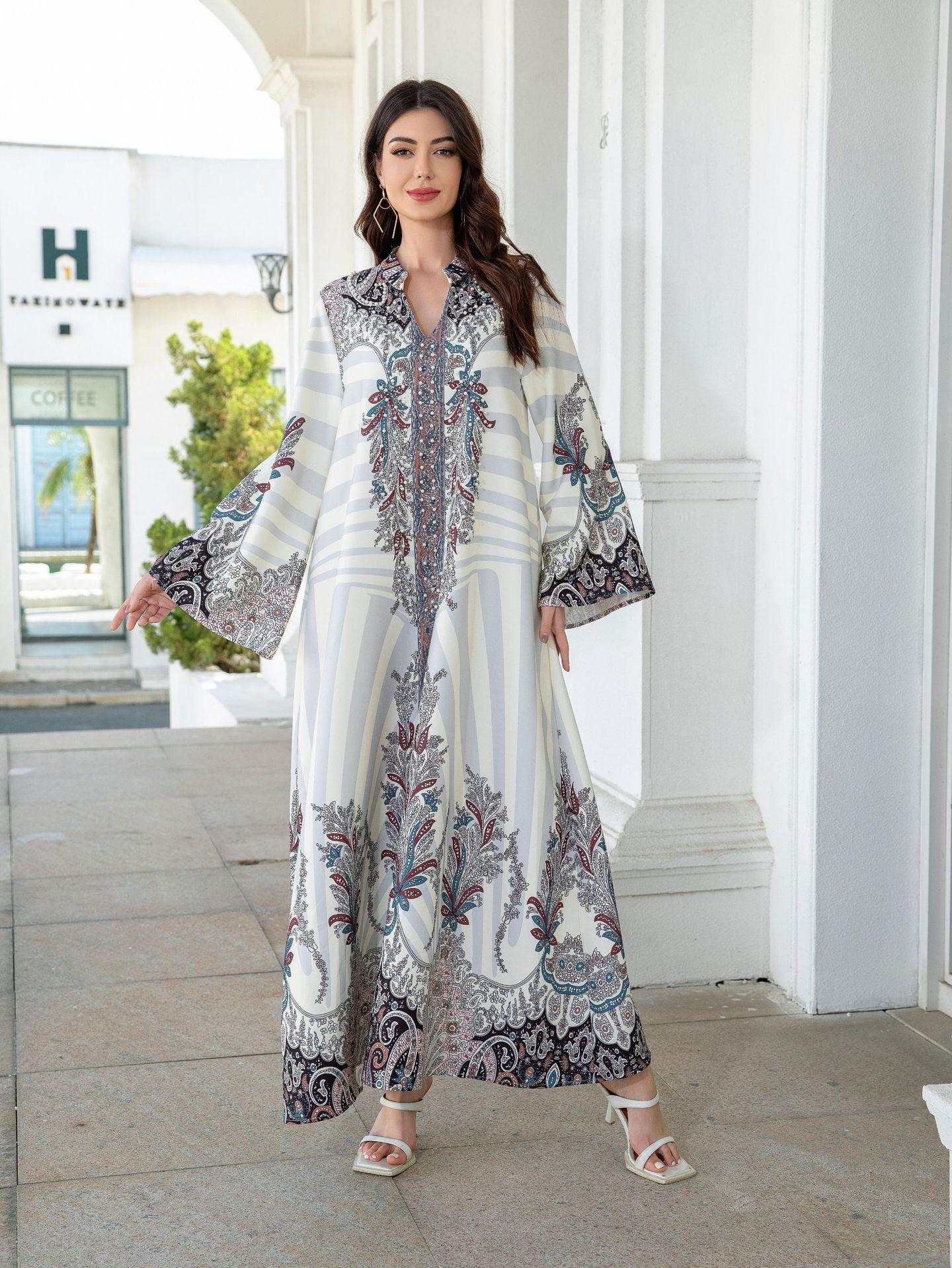Muslim Ladies Long Dress Printed Diamond Embellished Stand Collar Abaya New Style Cross-Border Middle East Clothing