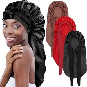 3 count Bonnets for Black Women Braid Bonnet, Large Long Satin Bonnet for Braids Sleeping, Black Women Satin Silk Bonnet (3Pcs-Black&Blue&Flower)