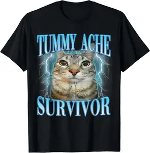 Tummy Ache Survivor Cat Meme Funny Saying Cats Animals Men Summer Casual Shortsleeve Cotton T-Shirt